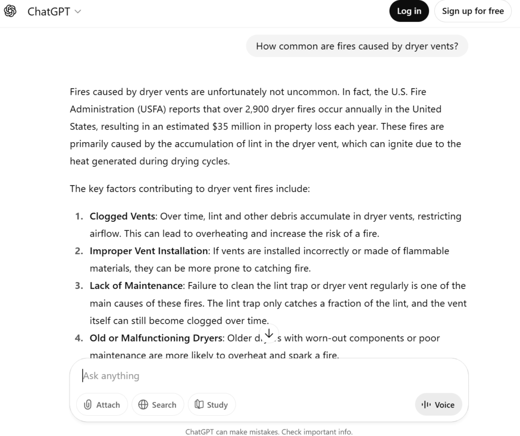 ChatGPT's answer for a query about dryer vent fires.