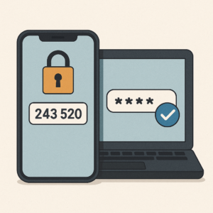 Illustration showing two-factor authentication: a smartphone displaying a six-digit verification code beside a laptop login screen requesting the code, symbolizing secure account access.