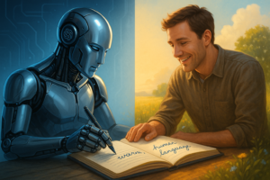 image of a human holdings hands with ChatGPT, helping it go from writing AI slop to writing warm, human language