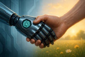 image of a human holdings hands with ChatGPT, helping it go from writing AI slop to writing warm, human language