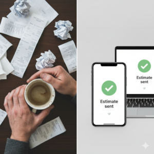 Before and after using AI for estimating fencing and landscaping — from messy receipts to 'Estimate sent' on a phone.