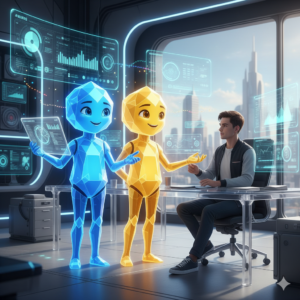 A happy Gemini Gem helping a user be more productive.