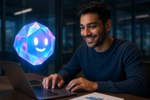 A happy Gemini Gem helping a user be more productive.