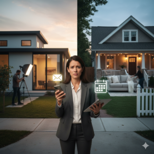 Real estate agent juggling field tasks while managing messages on a phone.