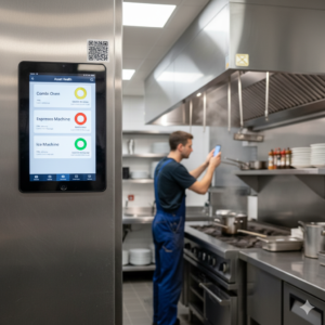 Technician scanning a QR code on kitchen equipment as part of preventive maintenance