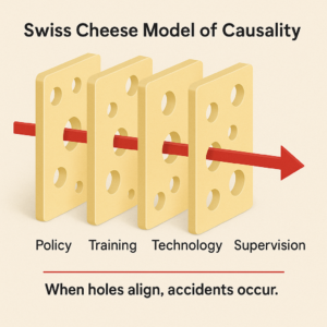 Illustration of the Swiss Cheese Model applied to AI prompt injection defense, showing several translucent slices of Swiss cheese lined up in a row. Each slice represents a different security layer—such as input validation, model isolation, access controls, and user education. A red arrow passes through holes that align across all slices, symbolizing how multiple small weaknesses can combine to let a malicious prompt bypass defenses.